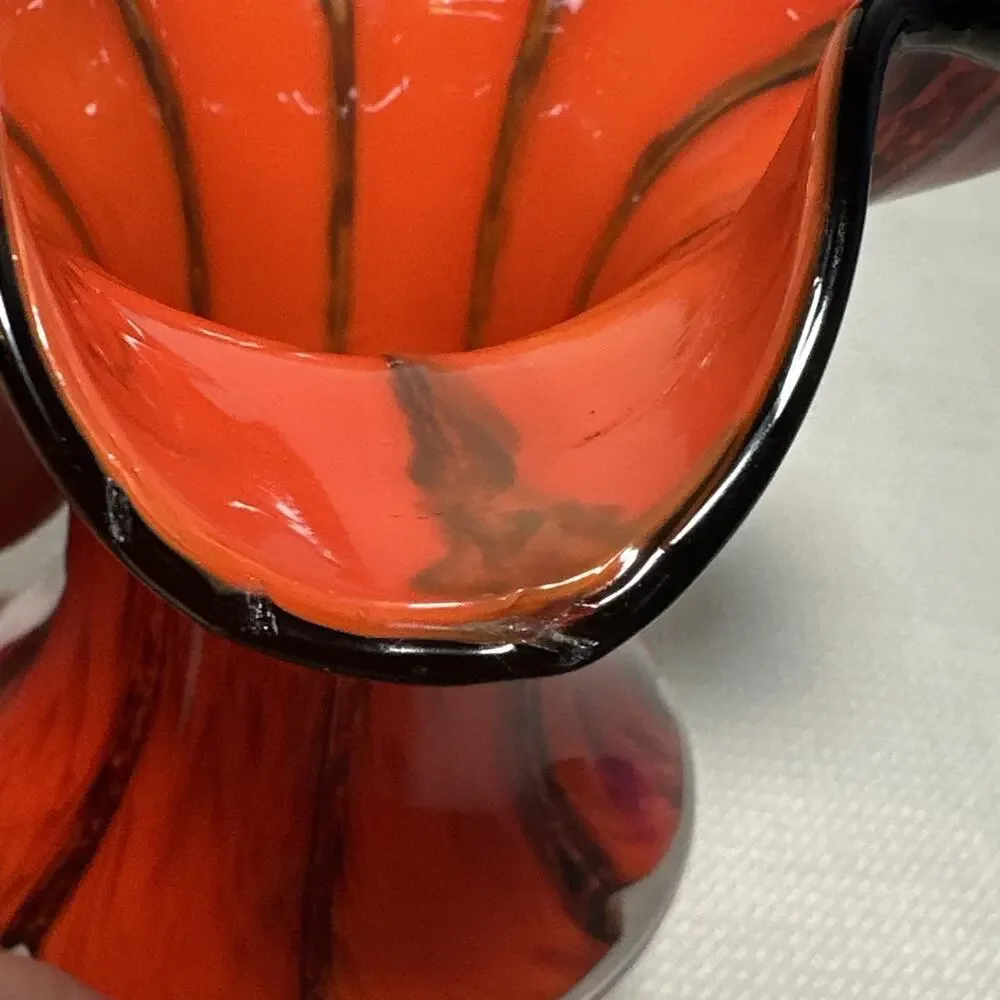 Vintage Czech Tango Art Glass Basket Vase Orange Black
